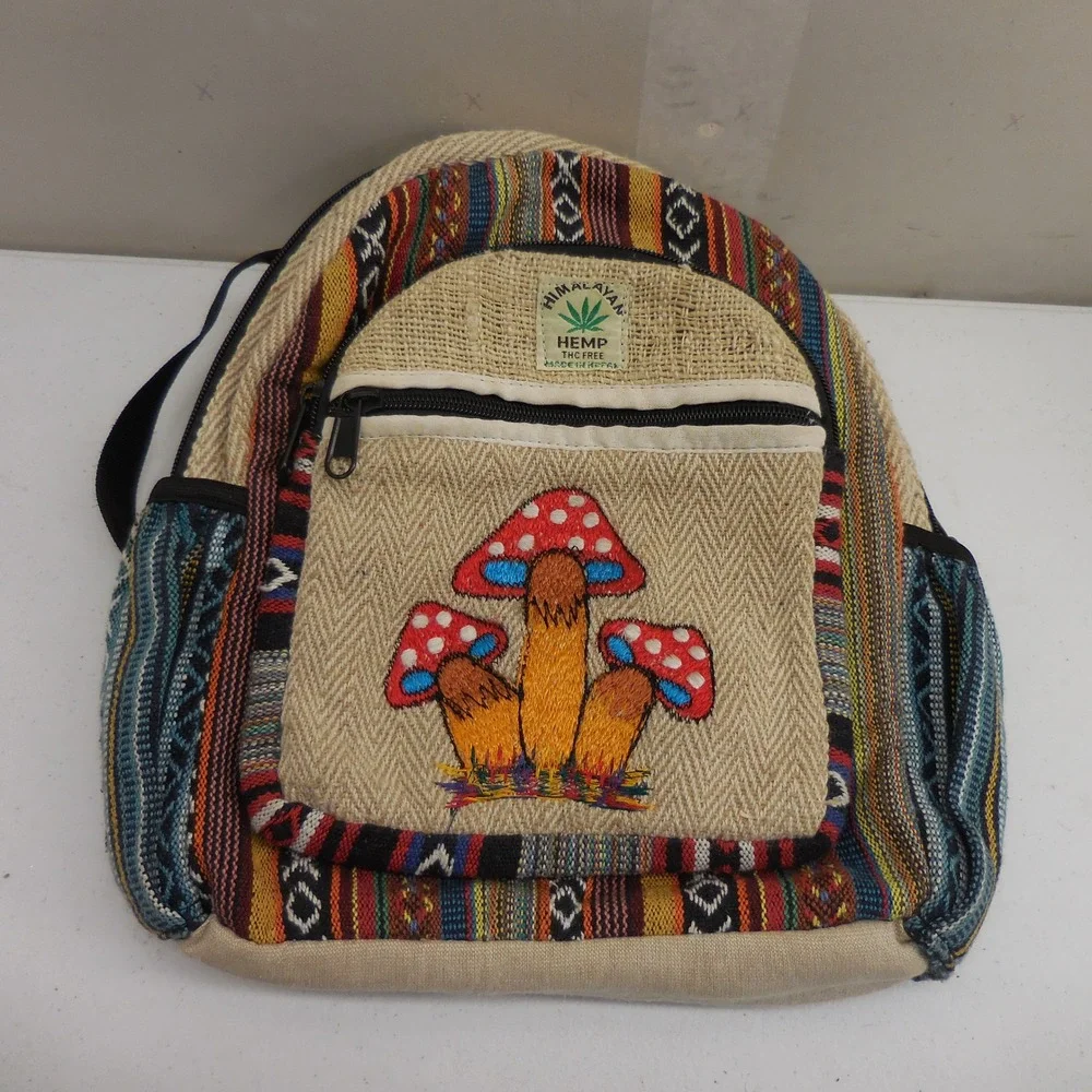 Himalayan Hemp Mushroom Mini Backpack Rising International Boho Woven Bag Nepal